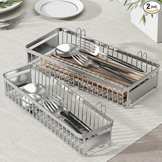 Sturdy 304 Stainless Steel Flatware Organizers with Hooks, 2 Pcs Drawer Silverware Organizer for Chopsticks/Spoon/Fork/Knife, Large and Small