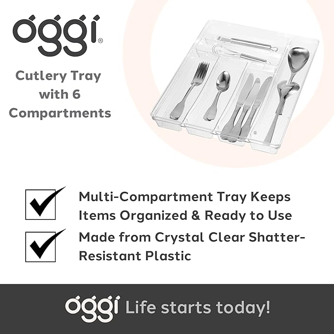 OGGI Silverware Organizer Tray, 6-Compartment, Clear