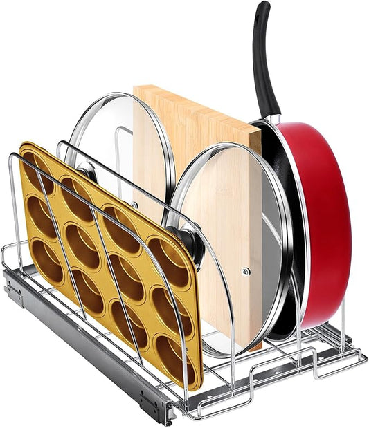 VEVOR Pan and Pot Rack, Expandable Pull Out Under Cabinet Organizer, Cookie Sheet Baking Pans tray Organization, Adjustable Wire Dividers, Steel Lid Holder for Kitchen Cabinet & Pantry Storage, 11.7"W