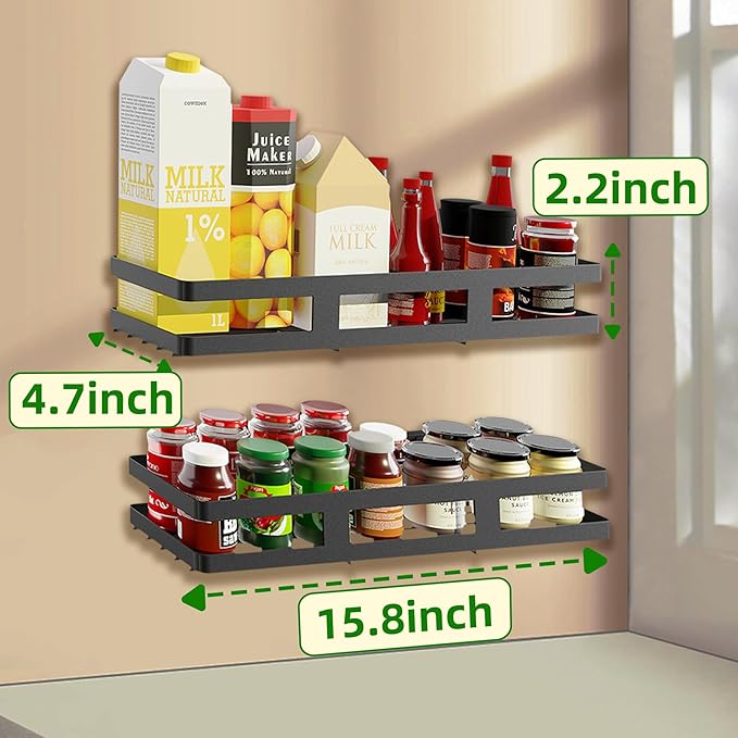 Kitchen Metal Wall Mounted Spice Racks, 2 Pack Adhesive Black Storage organizer for Cabinet Door Pantry Kitchen Bathroom, No Drill Installation (15.7inches length)
