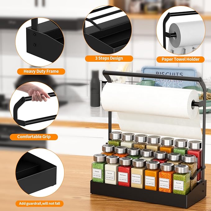 RCHYFEED 2 in 1 Countertop Paper Towel Holder Shelf with Spice Rack,3 Tier Spice Organization for Cabinet,No Drilling Paper Towel Holder with Spice Rack for Kitchen,RV,Seasoning Organizer（Black）