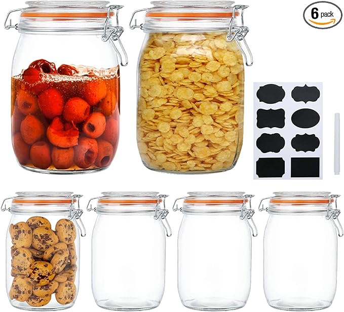 Encheng Glass Jars 32oz,Airtight Glass Food Storage Jar with Clamp Lid,1000ml Rounded Airtight Canister with Leak Proof Rubber Gasket,Clear Glass Kitchen Jars for Dry Food,Cereal,Beans,6 Pack