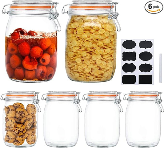 Encheng Glass Jars 32oz,Airtight Glass Food Storage Jar with Clamp Lid,1000ml Rounded Airtight Canister with Leak Proof Rubber Gasket,Clear Glass Kitchen Jars for Dry Food,Cereal,Beans,6 Pack