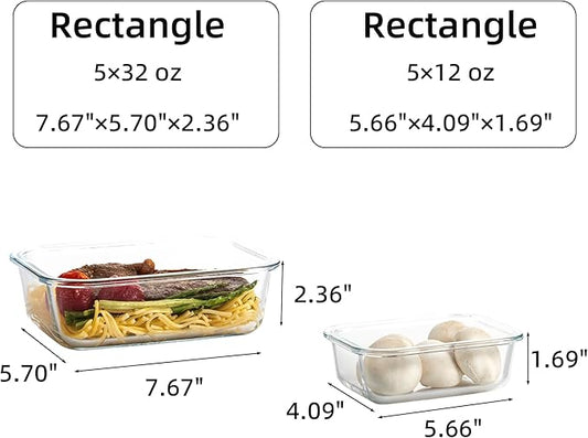 C CREST 10 Pack Meal Prep Glass Containers with Locking Lids - 5x 32oz + 5x 12oz - Ideal for Food Storage