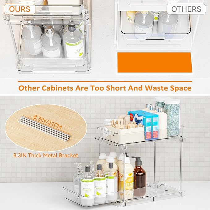 Yieach 2 Pack Bathroom Cabinet Organizers and Storage with Track,Clear Acrylic Under the Sink Organizer for Cupboard,Vanity Countertop Storage Bins,Plastic 2 Tier Pull Out Drawer for Makeup,Medicine