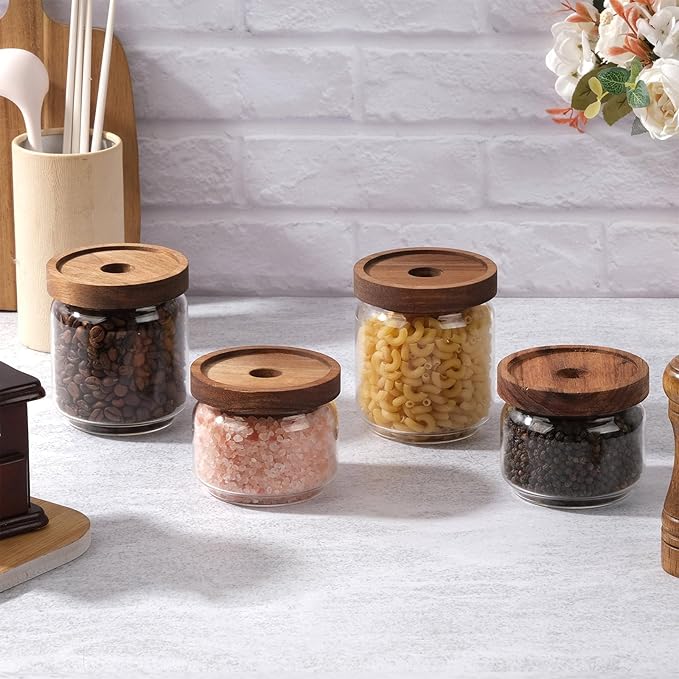 WHJY 15oz Glass Storage Containers with Wooden Lids Airtight Food Canister for Tea Sugar Dry Goods Clear Coffee Jars for Kitchen Pantry