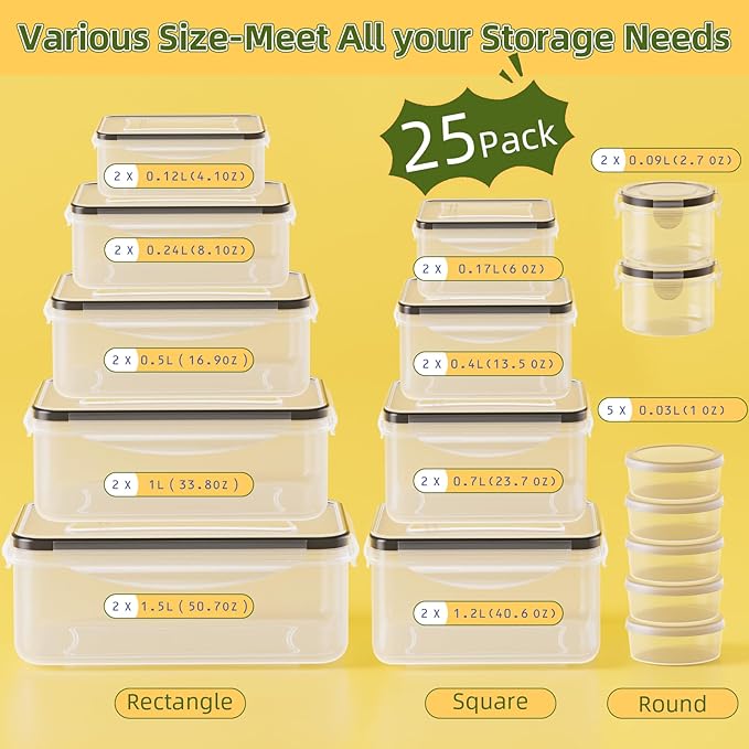 50 PCS Food Storage Containers with Lids Airtight (25 Lids & 25 Containers)- Reusable Plastic Leakproof Meal-Prep Container for Kitchen Storage Organization Microwave/Dishwasher Safe with Labels & Pen