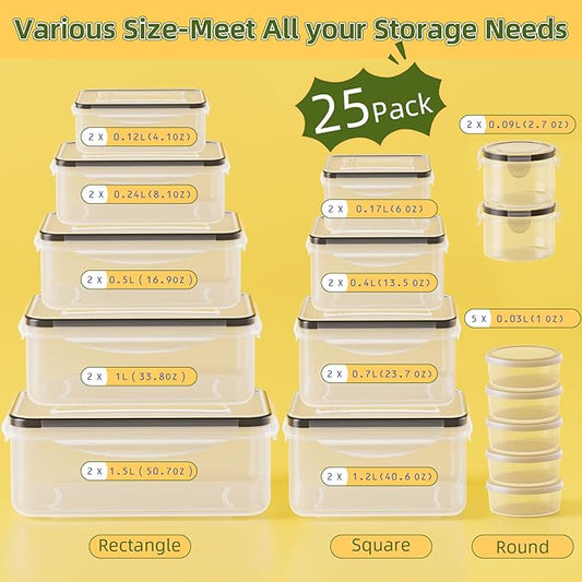 50 PCS Food Storage Containers with Lids Airtight (25 Lids & 25 Containers)- Reusable Plastic Leakproof Meal-Prep Container for Kitchen Storage Organization Microwave/Dishwasher Safe with Labels & Pen