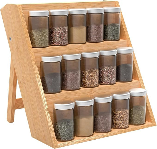 Bamboo Spice Rack Organizer for Kitchen Counter, 3 Tier Foldable Spice Shelf for Cabinet or Drawer (Jars Not Included)