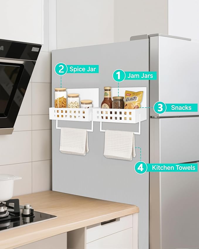 2 Pack Magnetic Spice Storage Rack Organizer for Refrigerator with Towel Bar, 4.9"W Holds Large Jars of Jam, Condiments, Magnetic Spice Rack for Stove and Oven, 4 Magnents and Sticker No Falling Off