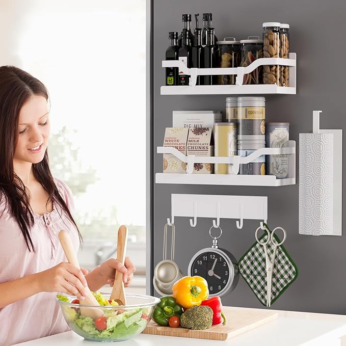 Magnetic Spice Rack for Refrigerator, 4 Pack Heavy Duty Metal Strong Magnetic Fridge Shelf with Magnet Paper Towel Holder, Hook Rack, 2 Spice Jars with Label, Space Saving, White