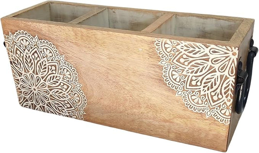 VANIYA CRAFTSR® Handmade Wooden Carved Design Compartments Cutlery Utensil Holder For Napkins, Spoons, Forks, Tissues, Knife Natural finish (Natural White Finish)