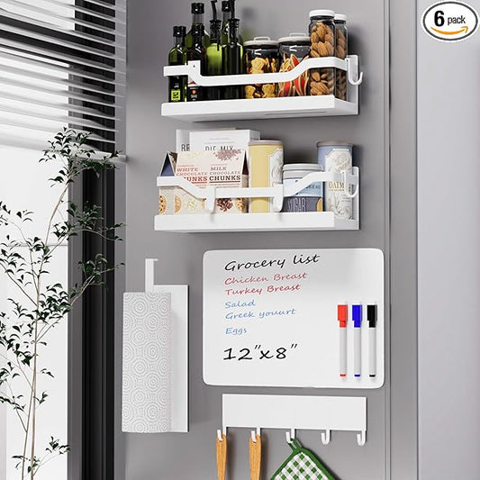Magnetic Spice Rack for Refrigerator, 4 Pack Heavy Duty Metal Strong Magnetic Fridge Shelf with Magnet Paper Towel Holder, Hook Rack, Whiteboard, Space Saving, White