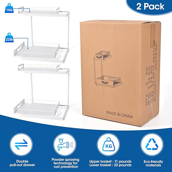 KPGRNUnder Kitchen Sink Organizers and Storage,2 Tier Sliding Cabinet Basket Organizer Drawer,Storage Shelves,Multi-Purpose Cabinet Organizers for Kitchen Bathroom.14.17X10.66 X 15.27In(White,2 Pack)