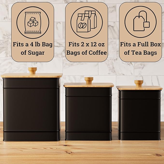 Kitchen Canisters for Countertop Set of 3 with Customizable Chalkboard Labels & Marker Pen - Big Iron Kitchen Canisters with Airtight Lids - Black Canister Set - Flour and Sugar Containers Farmhouse