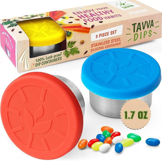 3 X 1.7oz Condiment Cups with Lids - Leakproof w/Silicone Lids - BPA Free - Dishwasher & Freezer Safe - Reusable Salad Dressing Container To Go - Sauce & Dip Cup for Lunchbox, Meal Prep