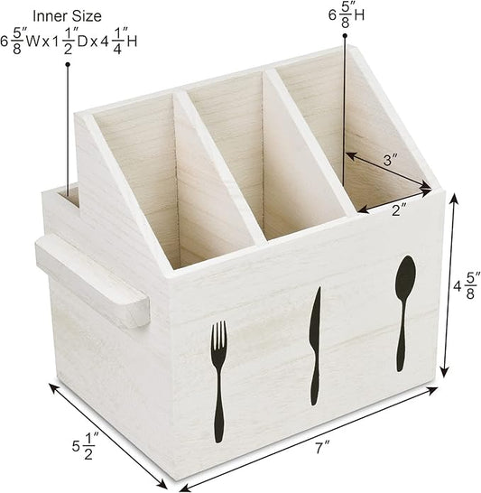 Ikee Design 2 Pcs Set Wooden Utensil Caddy with Handles, Silverware Caddy , Silverware Holder for Countertop ,Party ,Camping and Kitchen, Silverware Organizer, White Color