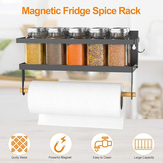 Spice Rack Magnetic Shelf, Foldable Refrigerator Magnetic Spice Holder, Wall Mounted Seasoning Organizer Hanging Spice Storage Stand with Paper Towel Holder Roll & Hooks