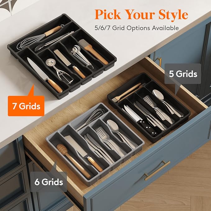 Lifewit Silverware Drawer Organizer Tray, Plastic Cutlery Storage for Kitchen Drawer, Flatware and Utensil Holder Divider for Spoons Forks Knives Tableware, 7 Compartment, Black
