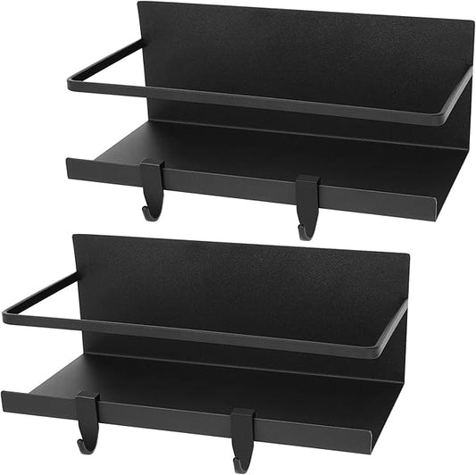 Magnetic Spice Rack, 2 Pack Rack for Refrigerator, Strong Shelf with Removable Hooks, fridge organizer Holding Jars, Perfect Space Saving stove shelf, Black, (JMSR-001)