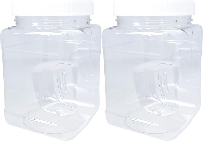 32oz Clear PET Plastic Square Wide Mouth Jars with Grip Handle and White Ribbed Lined Caps, BPA Free, Multi-Use Empty Containers, Household Dried Food Canisters, Made in the USA (Pack of 4)