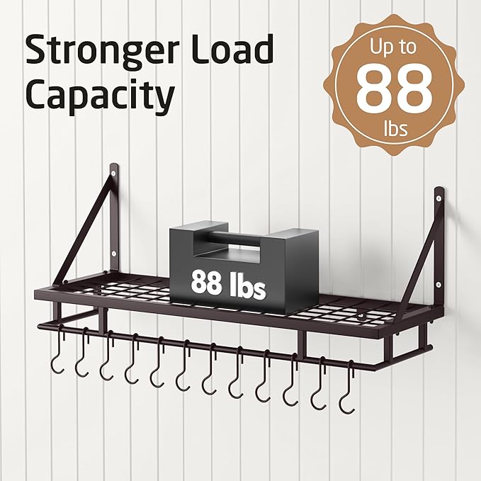 KES 30-Inch Oiled Bronze Pot Rack, Wall Mounted Hanging Pot and Pan Organizer with 12 Sturdy Hooks, Kitchen Wall Hanger Shelves Farmhouse Style, KUR215S75A-OB