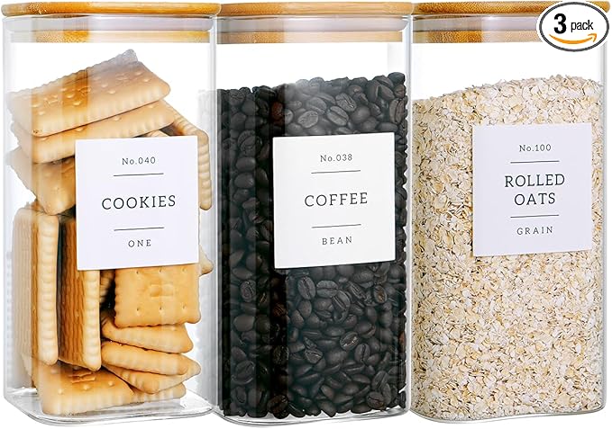 3 Pack Square Glass Kitchen Storage Jars with Airtight Bamboo Lids and 132 Pantry Labels - 54oz Glass Canisters with Wood Lids - Glass Food Storage Containers for Sugar, Rice, Pasta, Cereal