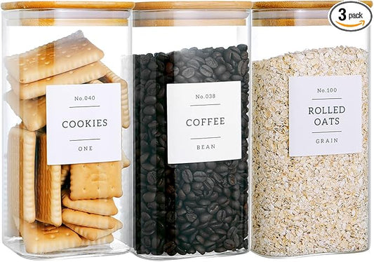 3 Pack Square Glass Kitchen Storage Jars with Airtight Bamboo Lids and 132 Pantry Labels - 54oz Glass Canisters with Wood Lids - Glass Food Storage Containers for Sugar, Rice, Pasta, Cereal