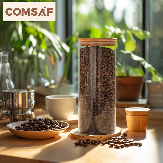 ComSaf 56oz Glass Storage Containers with Lids, Glass Jars with Lids, Clear Food Storage Jar, Round Canister Set of 3, Pantry Organizers for Pasta Flour Cookie Rice Tea Coffee Bean