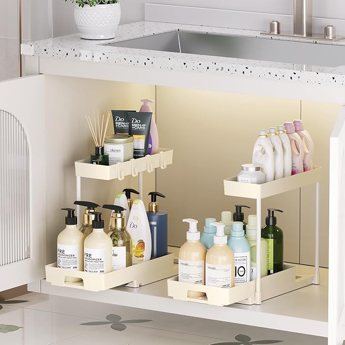 Delamu 2 Pack Under Sink Organizers and Storage, L-Shape Beige Under Bathroom Kitchen Sink Organizer with Drawer for Under Sink Storage Organizer