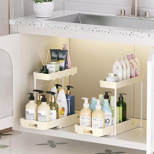 Delamu 2 Pack Under Sink Organizers and Storage, L-Shape Beige Under Bathroom Kitchen Sink Organizer with Drawer for Under Sink Storage Organizer