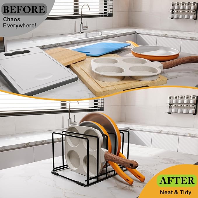 Kitchen Pan Organizer and Pot Rack, 5-Slot Steel Holder for Thin Pans, Baking Trays, and Cutting Boards - Space-Saving Storage