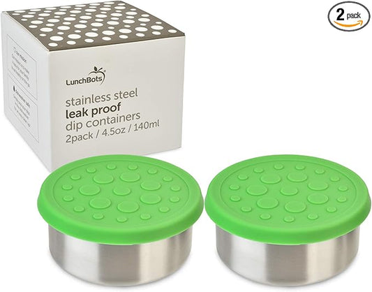 LunchBots 4.5 oz Stainless Steel Dressing Container for Condiments, Dips, Snacks, Dipping Sauce Cups with Silicone Lid, Fits in Lunch Bags and Bento Boxes - Set of 2 (Green)