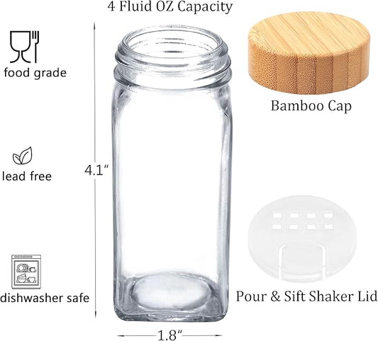 SWOMMOLY 24 Pcs Glass Spice Jars with Labels, Square Jars with Bamboo Lids, 4 oz Empty Jars with Shaker Lids, Seasoning Spice Storage Containers Bottles