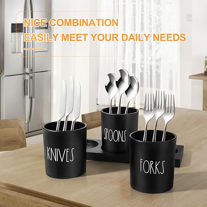 Silverware Caddy, 4 Pieces Kitchen Utensil Holder for Countertop, Black Utensil Holder for Party, Silverware Holder for Party with Wood Tray, Farmhouse Cutlery Holder Storage Organizer