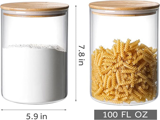 2 Sets 3000 ML/100 FL OZ Clear Glass Storage Canister Holder with Airtight Bamboo Lid, Extra Large Container Jar for Flour Sugar Coffee Loose Tea Rice Cookie Cereal Pasta Spaghetti Protein Powder