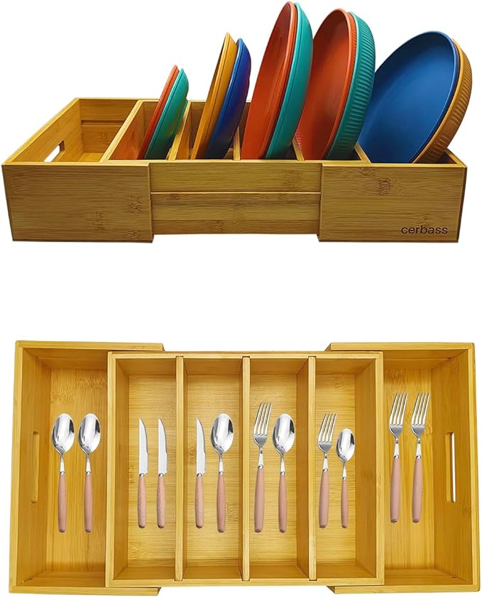 Premium Bamboo Silverware Organizer for Flatware, Knives- Expandable Kitchen Drawer Organizer and Utensil Holder,Multi-Function Drawer Storage 4-6 Compartments for Drawer Tray with Dividers