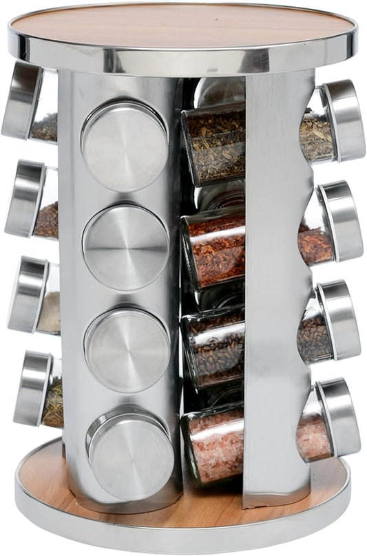 Rotatable Spice Seasoning Organizer Rack with 16 Glass Jars, Ideal for Storing Spices, Salt, Pepper, Sugar and Dry Ingredients