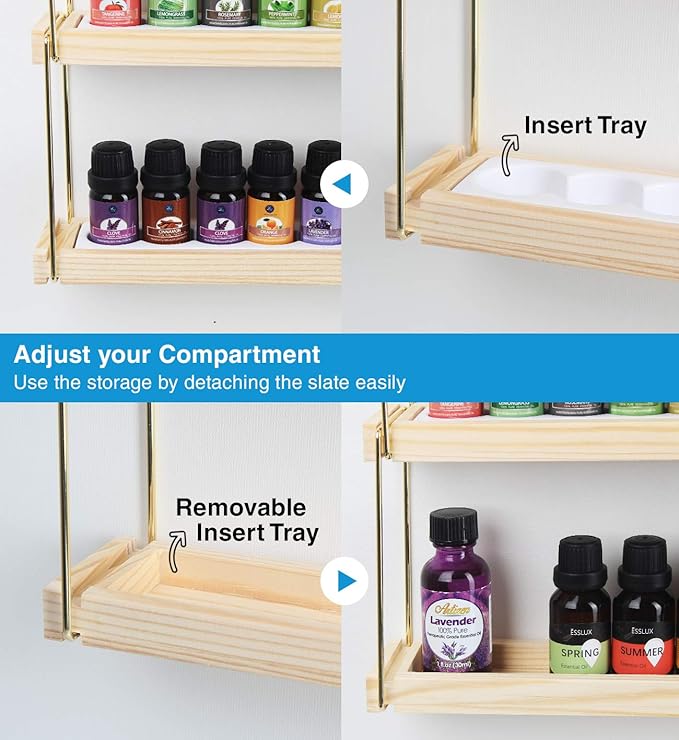 J JACKCUBE DESIGN Wall Mount Essential Oils Display Shelf with 5 Tier for 70 Bottles Holder Gold Frame and Wood Rack Organizer - MK482B