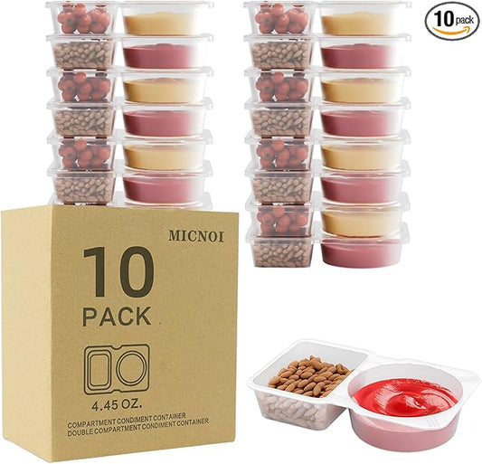 10 Pack Snack Containers, Reusable 2 Compartment Condiment Containers with Lids, Ideal for On-the-Go Mini Sauce Boxes & Lunchable Snack Packs for Kids and Adults, BPA-Free
