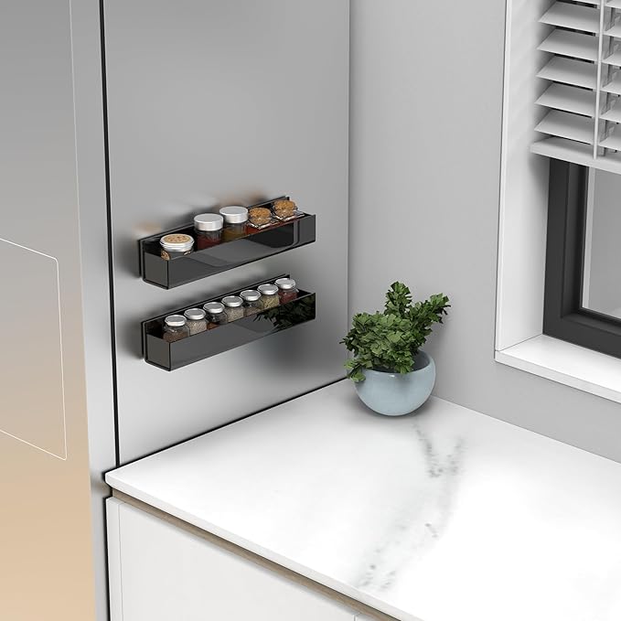 VAEHOLD 4 PACK Adhesive Acrylic Spice Rack with Nano Double Sided Tape Wall Mount Organizer (Black)