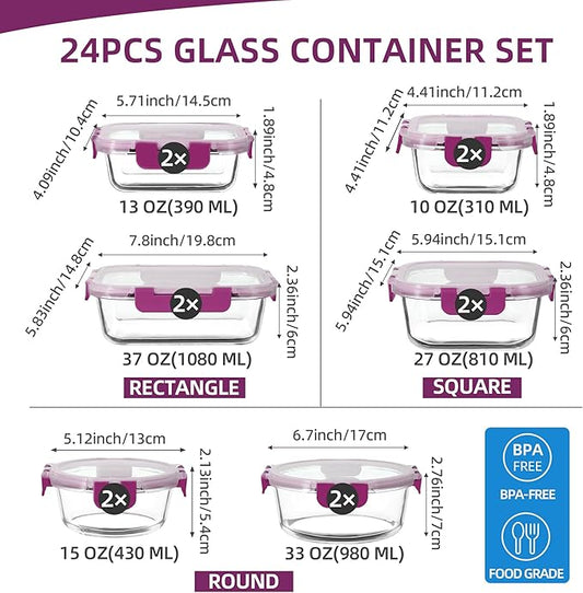 UMEIED 12 PACK Glass Food Storage Containers with Leak Proof Lids, Glass Airtight Meal Prep Containers Set for Lunch, On the Go, Leftover, Kitchen Pantry Organizers and Storage (Purple)