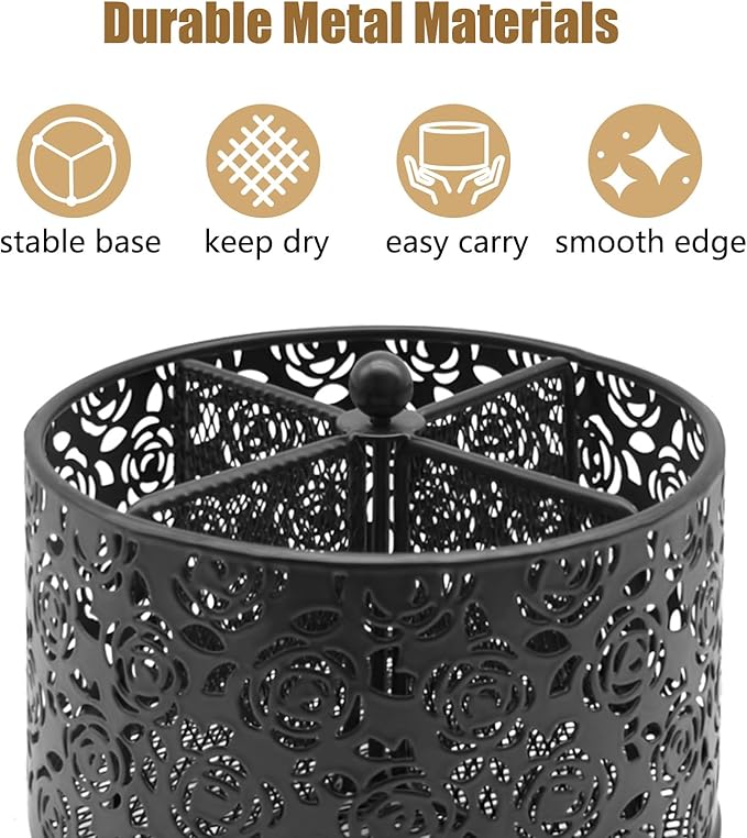 360° Rotating Metal Silverware Caddy - 4 Compartment Utensil Cutlery Holder Fork Spoon Napkin Organizer Flatware Storage Basket Party Countertop Buffet Picnic Camping Outdoor (Black)
