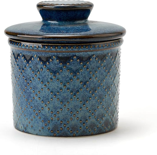 XELA - Ceramic Butter Crock - Butter Dish with Lid for Countertop - Keep Your Butter Perfectly Spreadable 24/7 - Embossed - Kiln Turns Blue