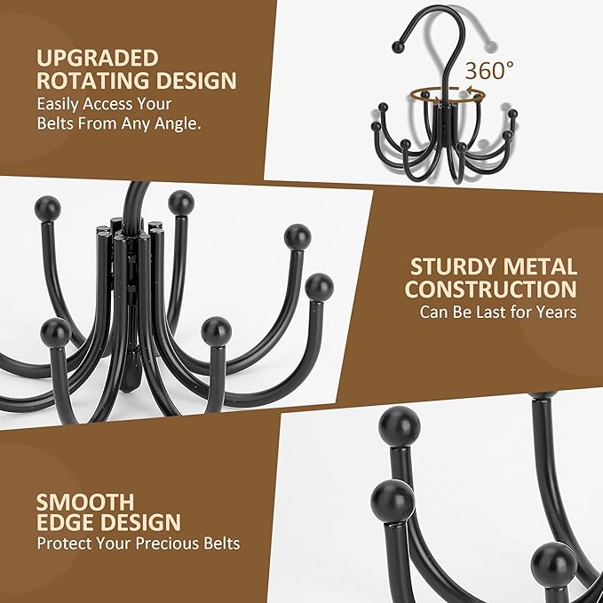 ZEDODIER Belt Hanger, 2 Pack Belt Rack Closet Accessories Organizer, Maximum 24 Storage Capacity, Hanging Holder Storage Hook for Belt, Bra, Tank Top, Tie, Scarf, Purse, Black
