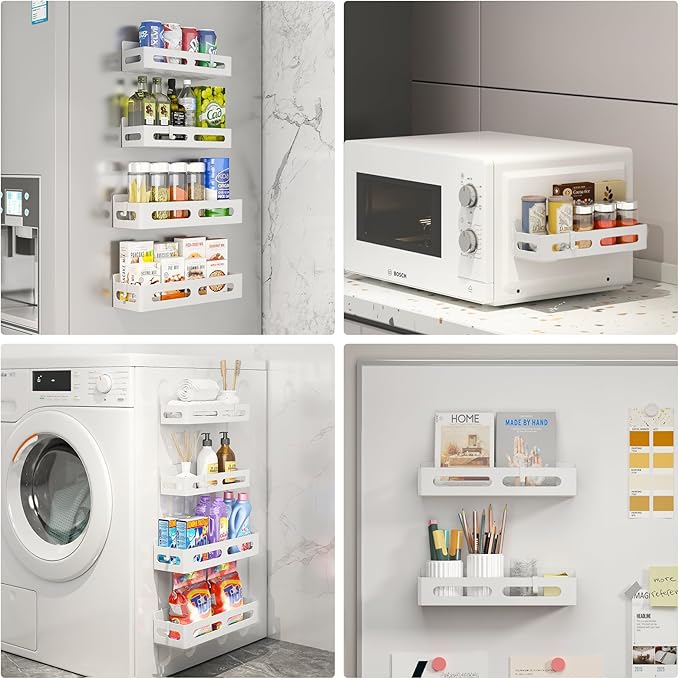 2 Pack Magnetic Spice Rack for Refrigerator, Spice Rack Organizer, Moveable Magnetic Shelf Fridge Organizer with 4 Hooks for Kitchen and Oven Organization, White