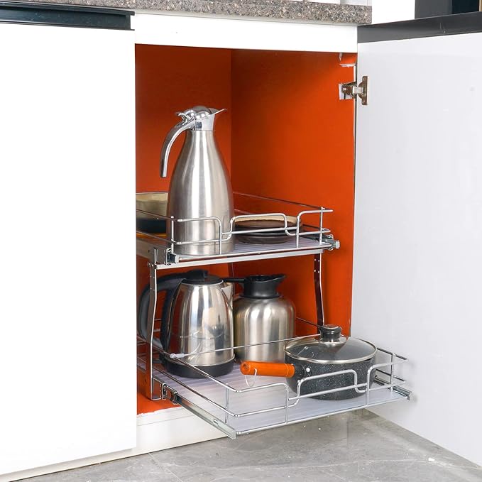 VEVOR 2 Tier 17"Wx21"Dx15"H Pull Out Cabinet Organizer, Heavy Duty Slide Out Pantry Shelves, Chrome-Plated Steel Roll Out Drawers, Sliding Drawer Storage, 18.5"Wx22"Dx18"H Install Size for Cabinet