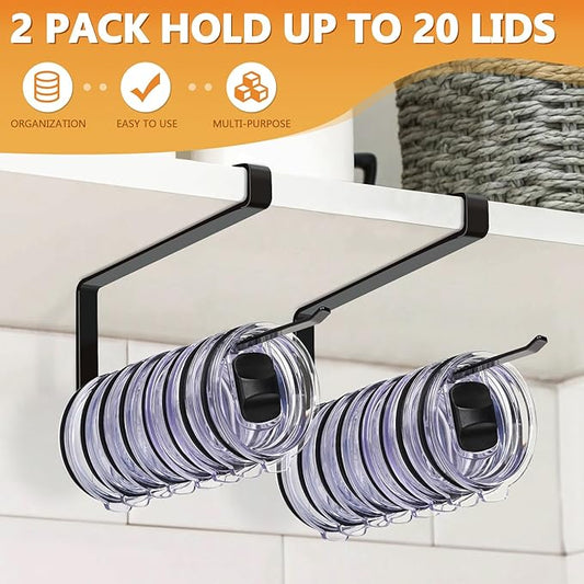 Tumbler Lid Organizer 2 Pack Tumbler Lid Storage Hook Up to 20 Lids, Space Saving Cup Lid Holders Under Cabinet Tumbler Lid Hanger for Kitchen Storage, Horizontal Paper Towel Hanger (Black)