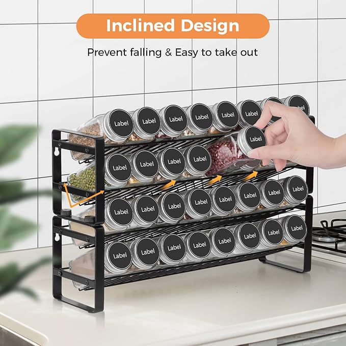 JONYJ Expandable Spice Rack Organizer for Cabinet, 4-tier Black Frosted Iron Countertop Stackable Seasoning Rack for Drawer, Wall Mount