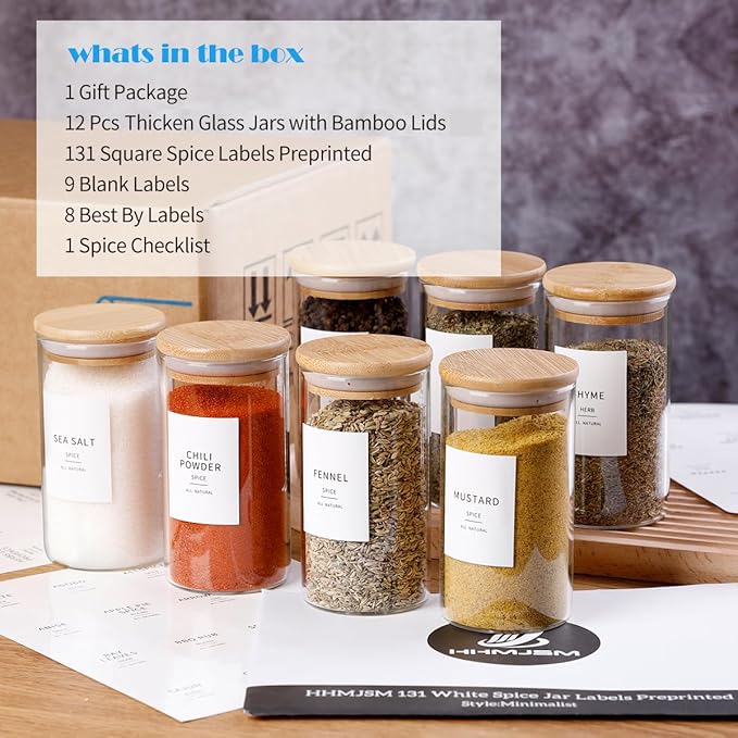 12 Pcs Glass Spice Jars With Bamboo Airtight Lids 8oz Thicken(2.4mm) Spice Containers With 148 Minimalist Preprinted Waterproof Spice Labels Kitchen Empty Small Storage Jars For Seasoning, Herb